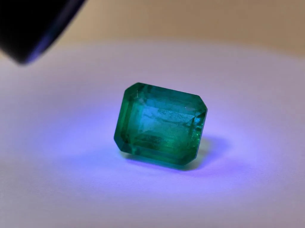 Natural emerald under a 365nm ultraviolet lamp showing faint fluorescence, gemological testing