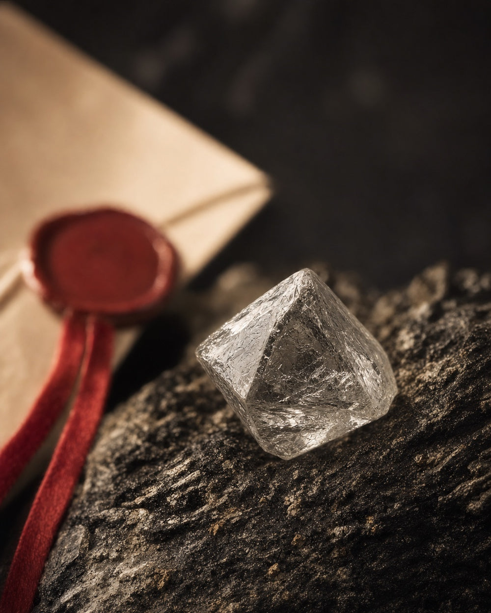 Diamant brut octaédrique posé sur une roche de kimberlite, à côté d'un pli scellé de cire rouge