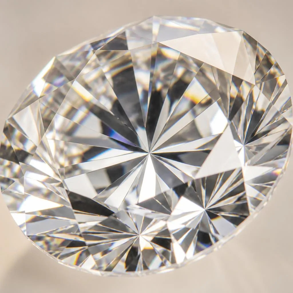 Brilliant cut white diamond showcasing its characteristic facets and rainbow fire dispersion