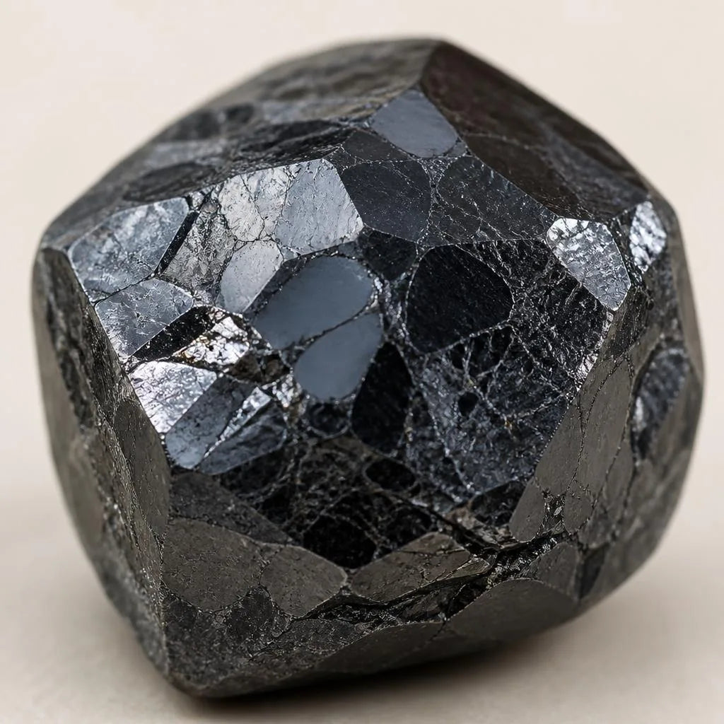 Cut carbonado black diamond showcasing its characteristic opaque polycrystalline structure and mirror-like reflections