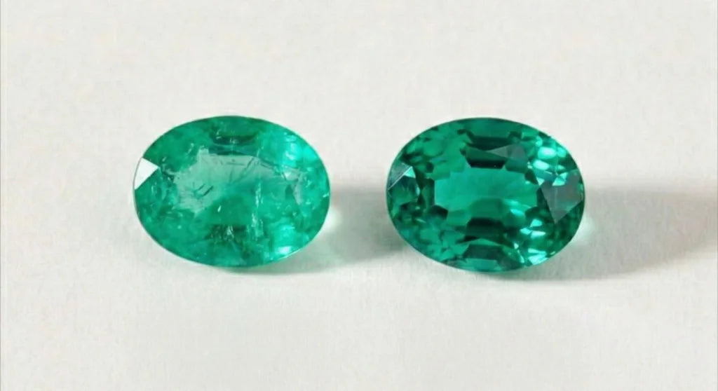 Comparison of two Colombian Emeralds showcasing differences in clarity and natural inclusions, the characteristic "jardin" of the stone