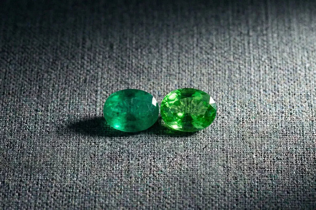 Emerald and tsavorite set side by side against a dark background