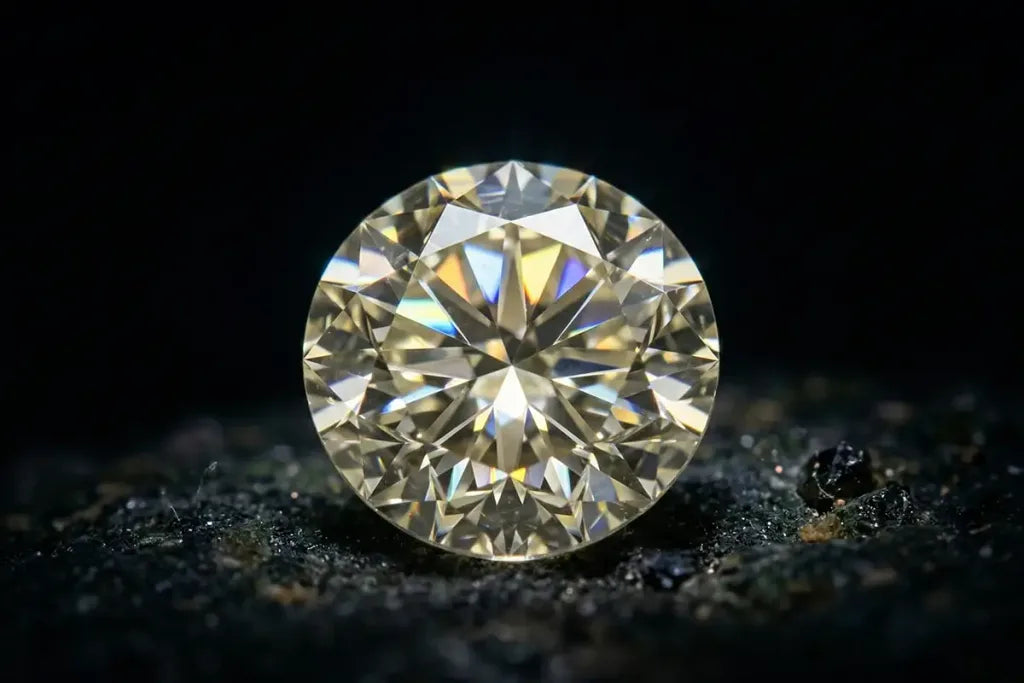 Diamant taille brillant rond en gros plan montrant les facettes et la brillance exceptionnelle