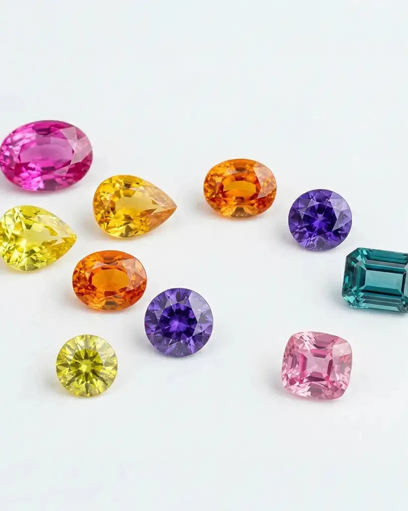 Loose coloured sapphires: pink, yellow, orange, violet and blue, in oval, pear, cushion and brilliant cuts for fine jewellery