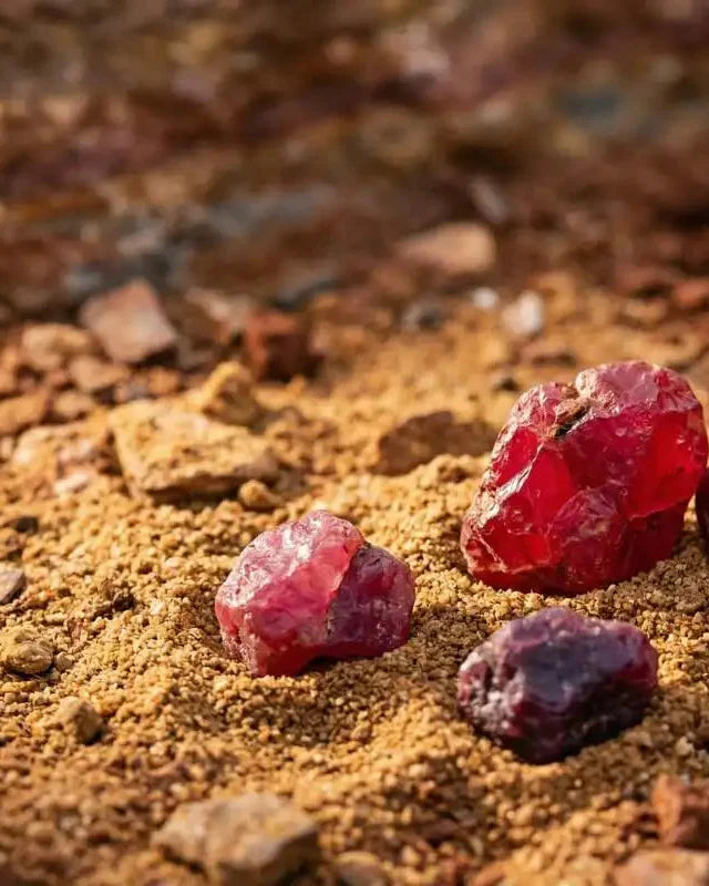 Rough rubies from different origins, in a range of red hues
