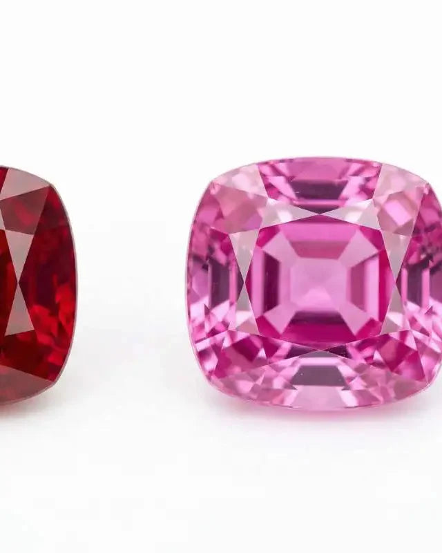 Intense red ruby and cushion-cut pink sapphire in fine jewellery, a comparison of faceted precious stones