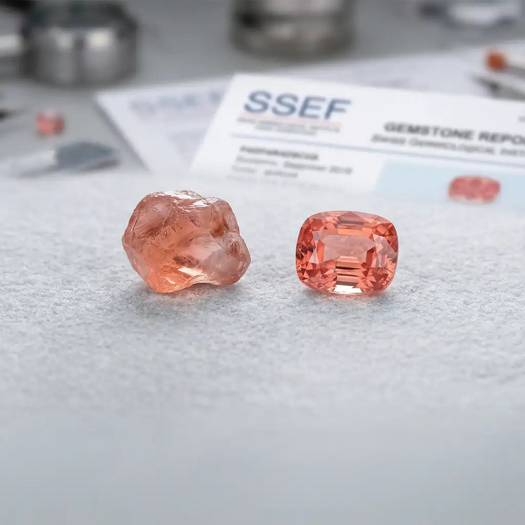 Padparadscha sapphire from Sri Lanka, salmon-pink-orange colour, on a snow-grey background