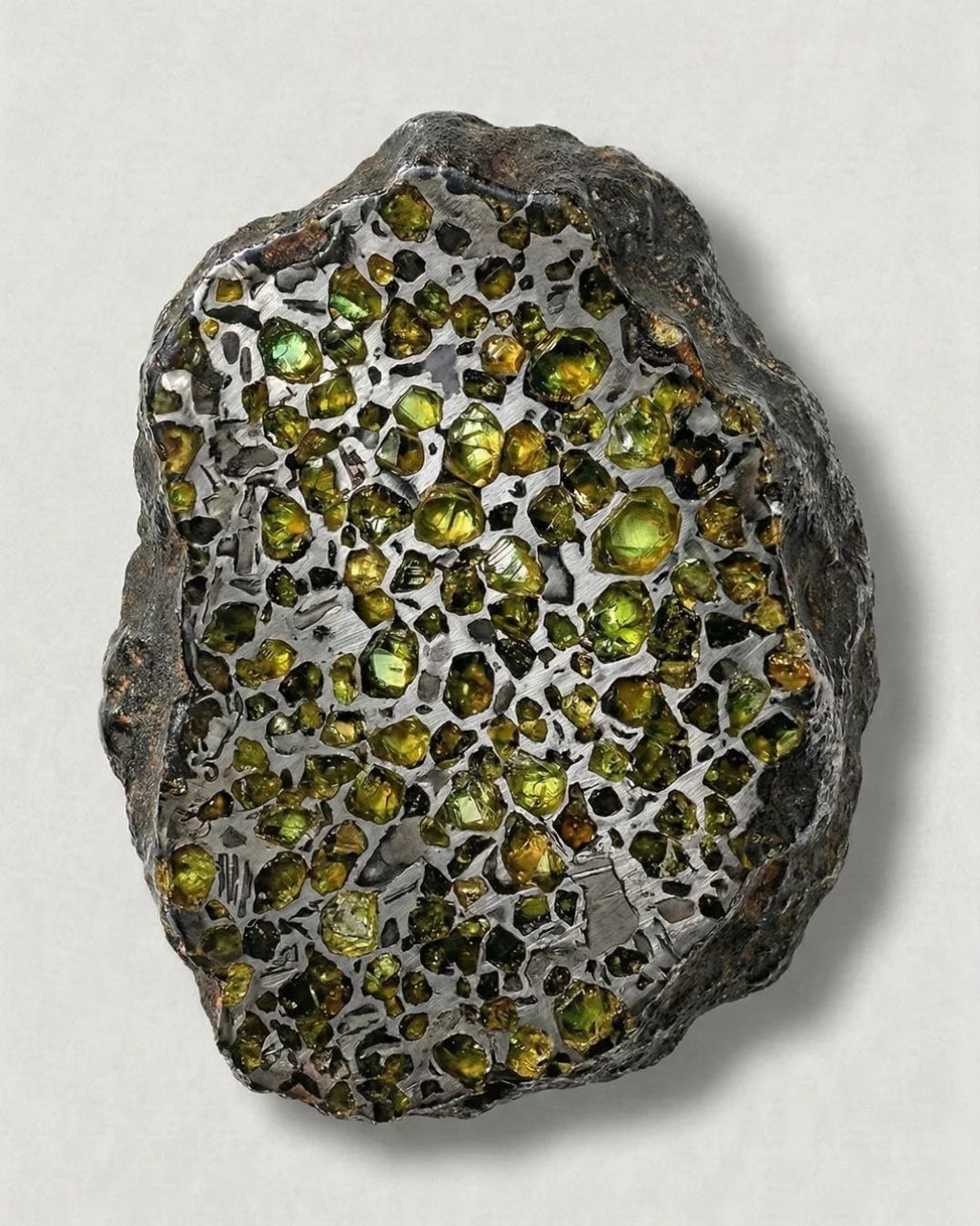 Olivine (peridot) crystals within a pallasite meteorite, an extraterrestrial gem dating back 4.5 billion years