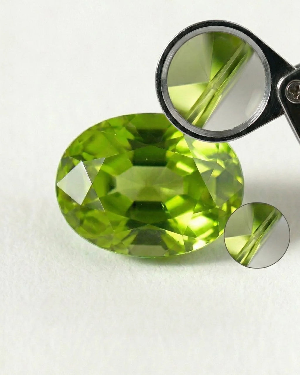 Natural peridot displaying double refraction: the doubling of edges visible under a gemological loupe
