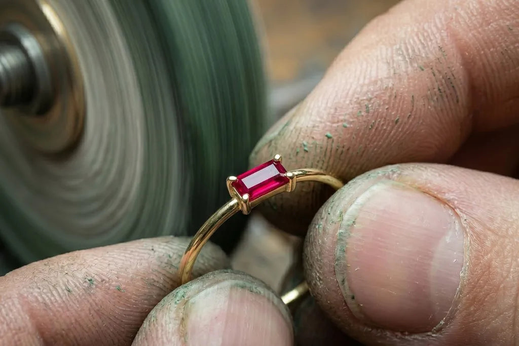 Artisanal polishing of an 18K yellow gold ring in the Mayuri atelier, professional jewellery care
