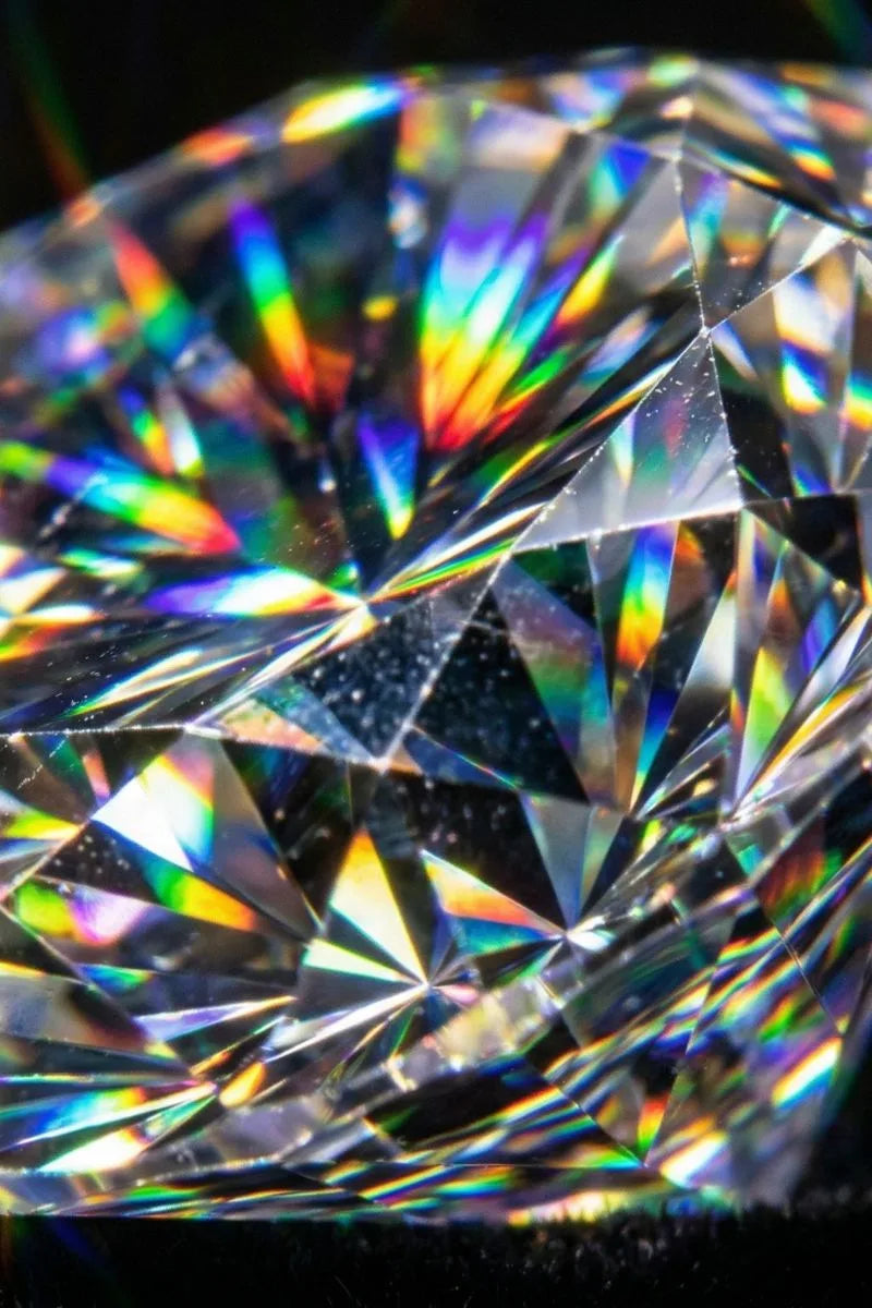 Macro shot of a diamond's facets revealing light dispersion and prismatic fire