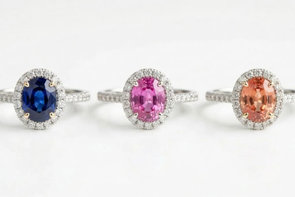 Three Mayuri engagement rings featuring sapphires in different colours, royal blue, pink and padparadscha, set in white gold with diamond halos