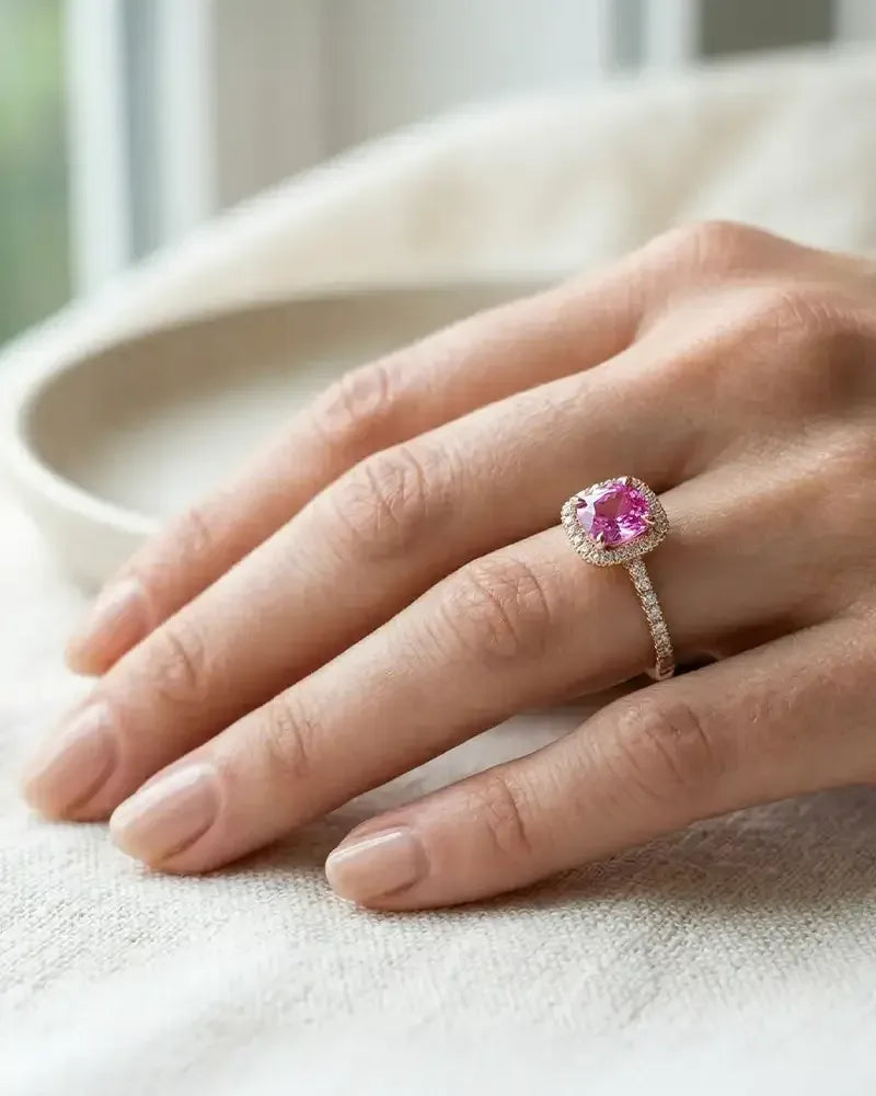 Bague de fiançailles saphir rose et diamants en or blanc 18 carats portée au doigt par Mayuri
