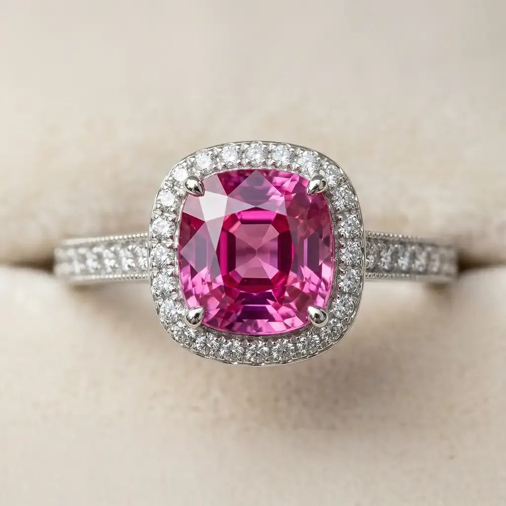 Natural pink Sapphire ring in cushion cut, set with a Diamond halo in white gold