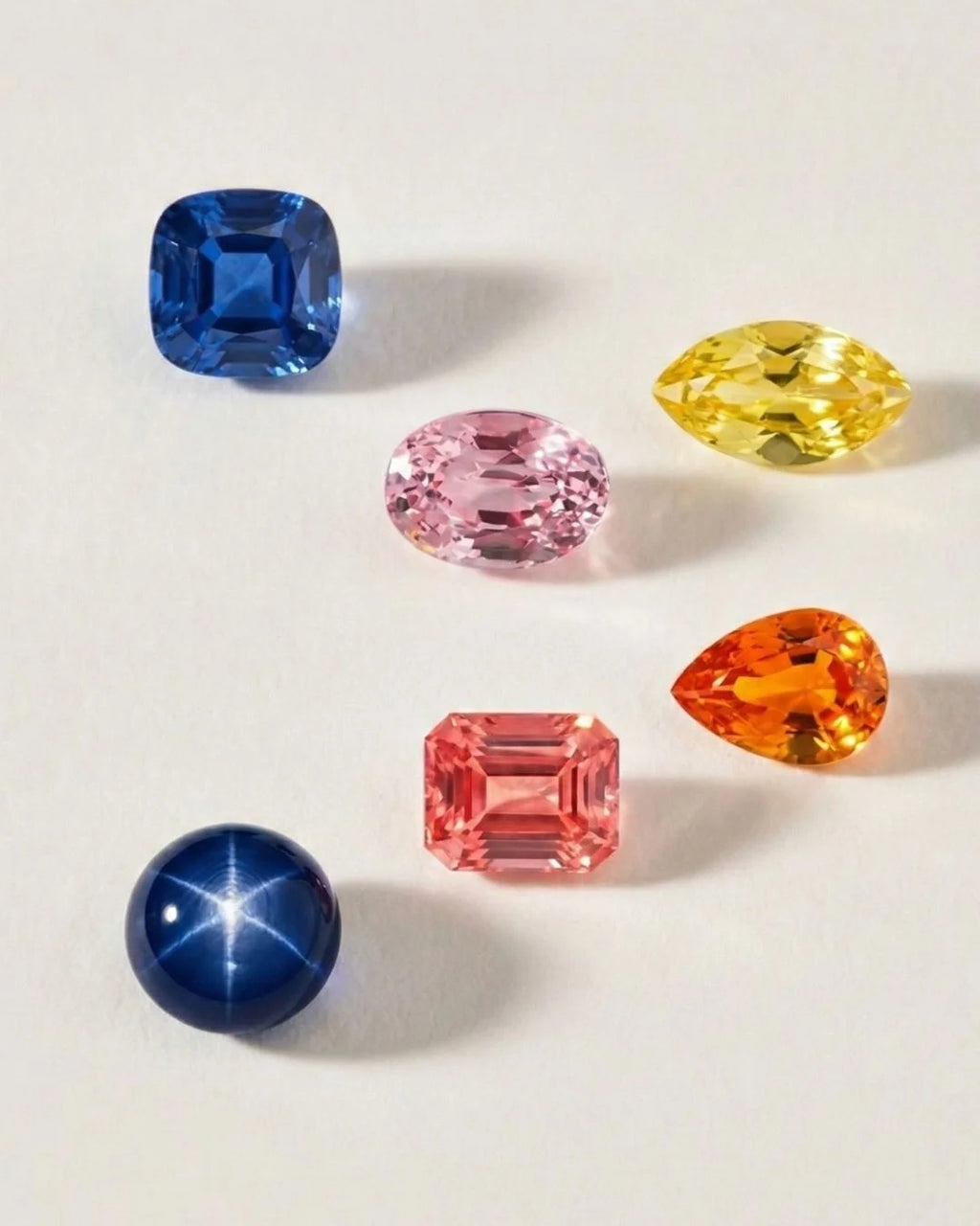 The Sapphire color palette: blue, pink, yellow, orange, padparadscha and star sapphire