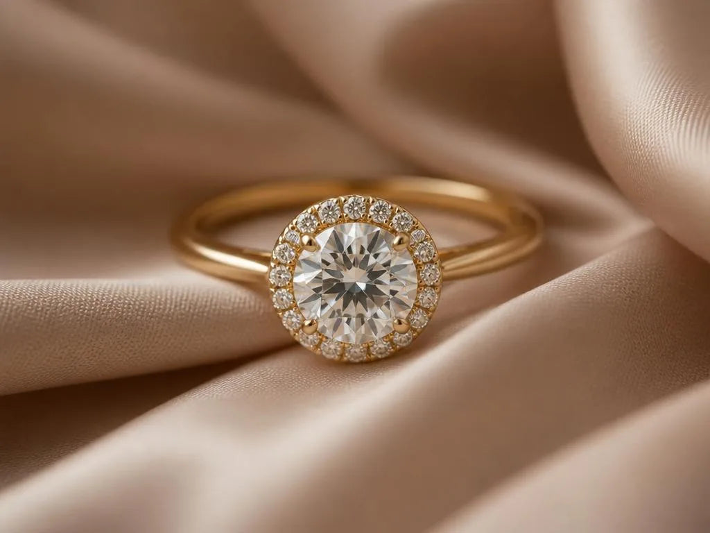 Halo engagement ring in 18K yellow gold, central Diamond encircled by a pavé of smaller diamonds